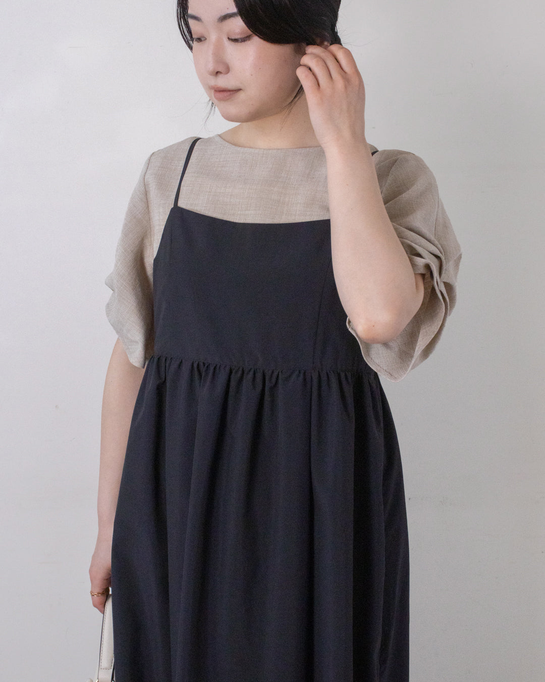麻調袖タックトップス