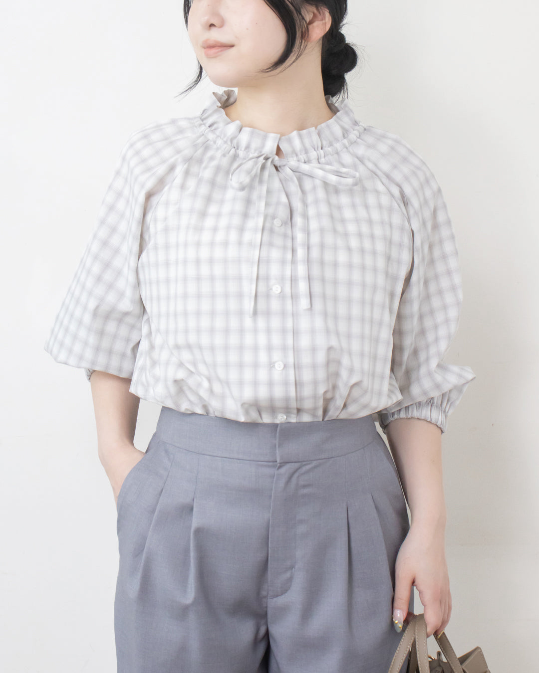 ito fukuoka ブラウス リネン フリル ギャザー フリーサイズベージュ