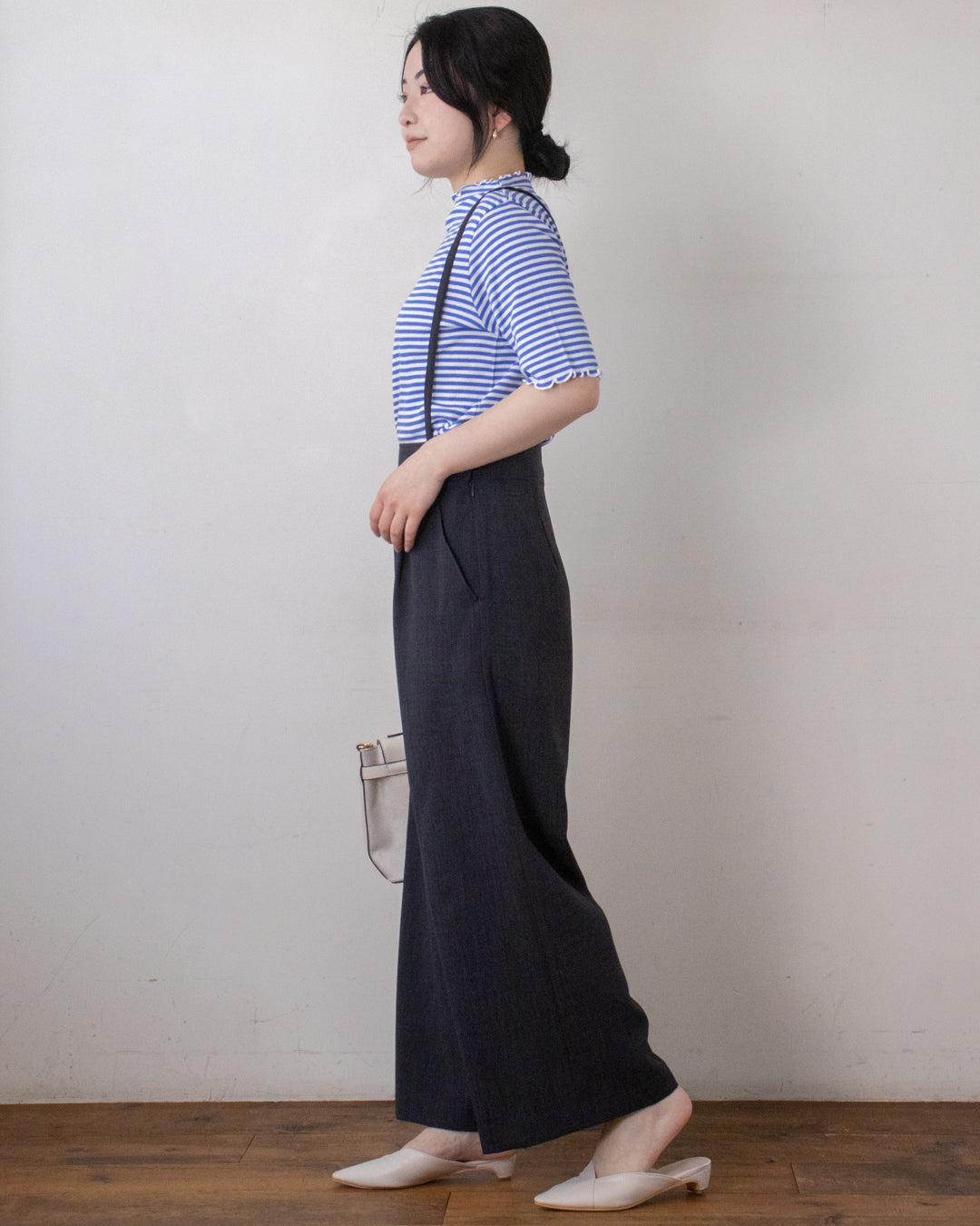 麻調サスペンダー付きパンツ