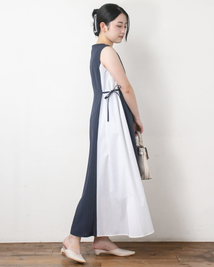 ピンストライプバイカラーワンピース – 3/4 スリークォーター