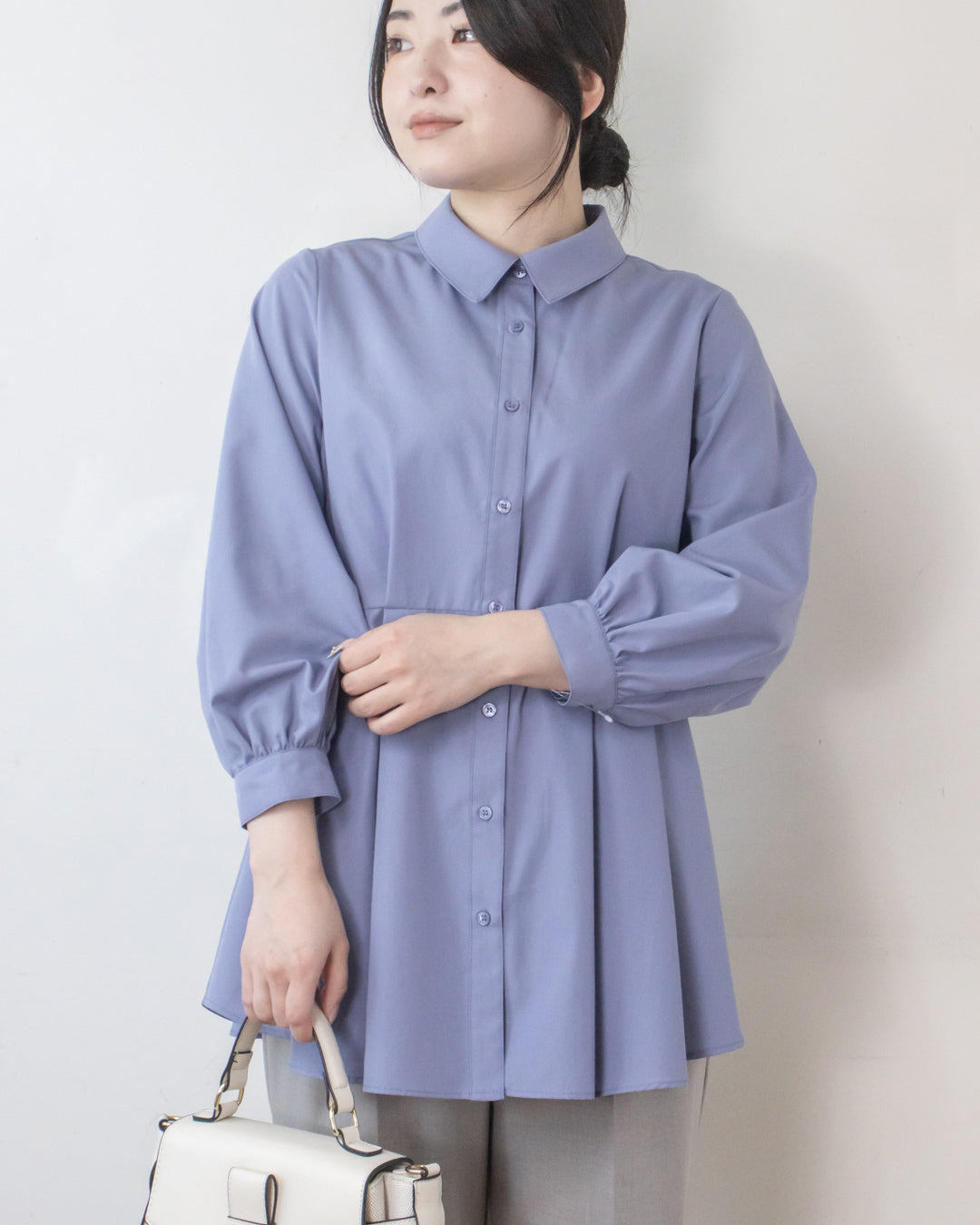 ムジ/チェックタックペプラムブラウス – 3/4 スリークォーター