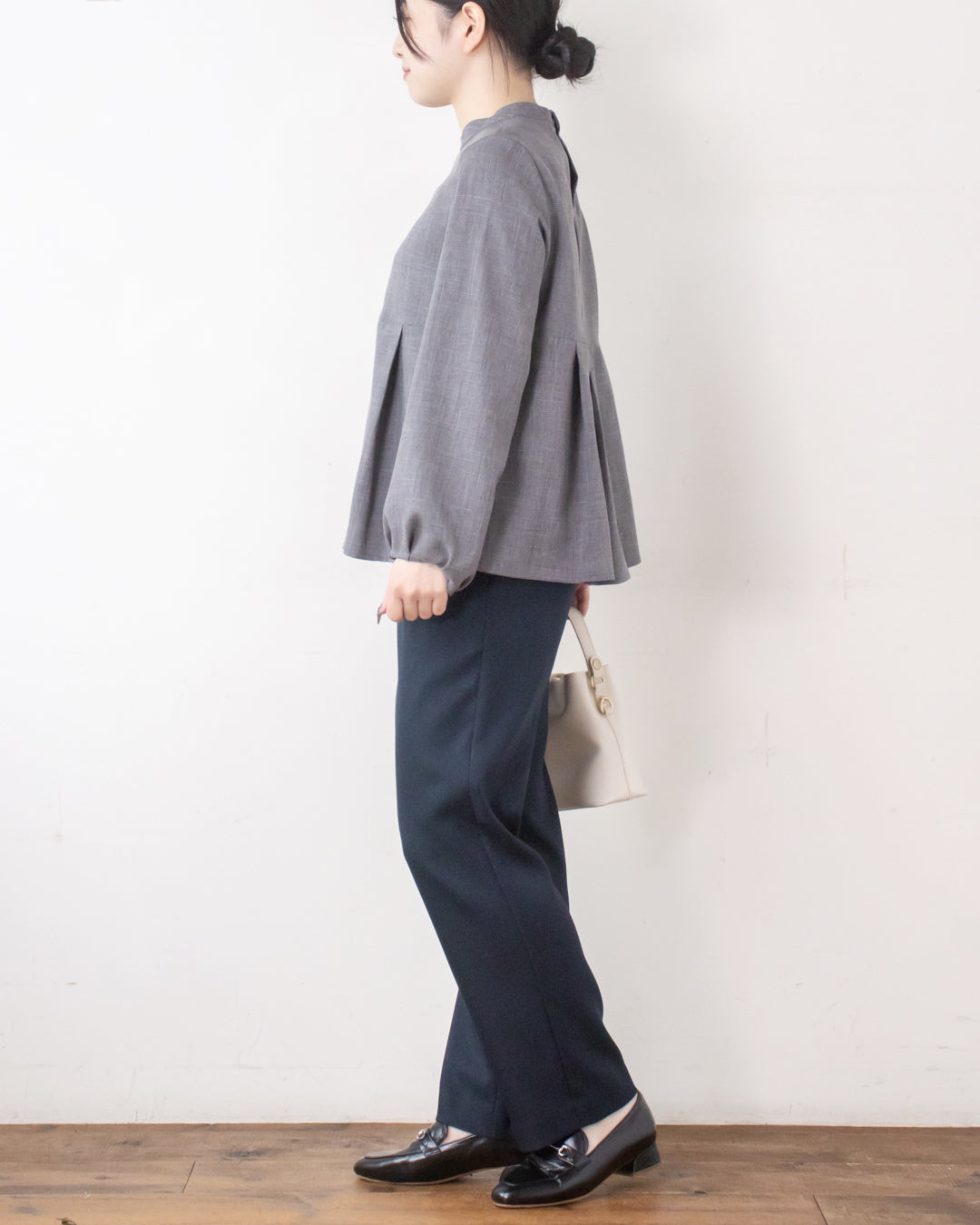 チェックタックペプラムブラウス